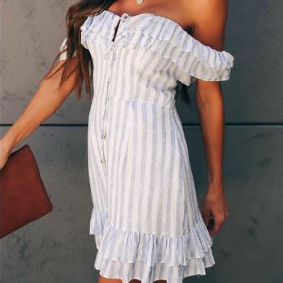 LIGHTHOUSE STRIPED OFF THE SHOULDER RUFFLE DRESS - Picture 1 of 3